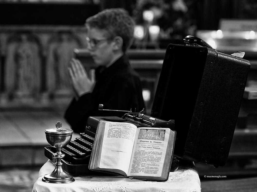 Cian McMahon, a pupil of The Monastery, Killarney, the old Alma Mater of Mons Hugh O'Flaherty, pictured with the Monsignor's Portable Typewriter, Breviary and Ciborium at the launch of the annual 2015 Memorial Programme this week